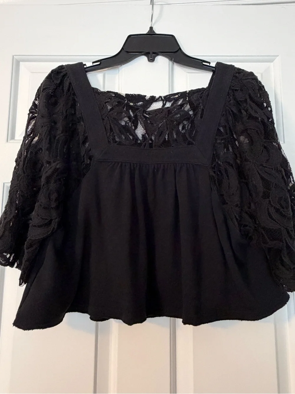 Free People Black Lace-Sleeve Square Neck Blouse